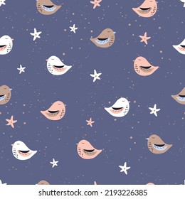 Seamless background with birds and berries, neutral baby pattern. Simple whimsical minimal earthy pastel colors. Kids nursery wallpaper or boho animal fashion all over print