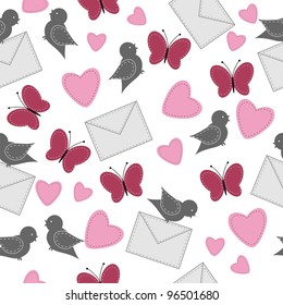 seamless background with birds, butterflies and hearts