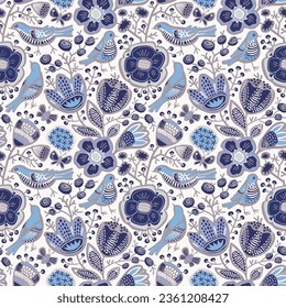 Seamless background with birds and flowering branches. Ethnic pattern for wallpaper, fabric, digital paper, fills, gift wrap, etc.
