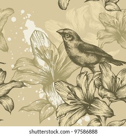 Seamless background with birds and flowering lilies, hand-drawing. Vector.