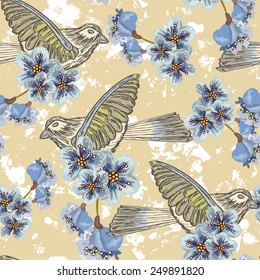  	 Seamless background with birds and flowers
