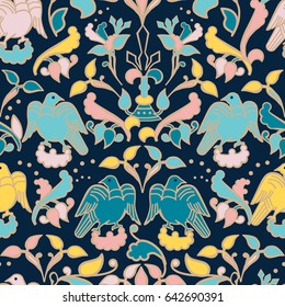 Seamless background with birds and flowers