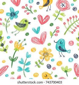 Seamless background with birds and flowers.