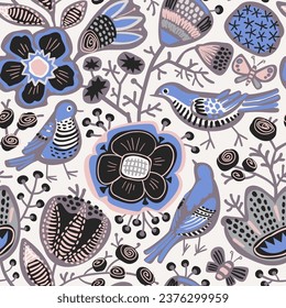 Seamless background with birds and flowers. Vector pattern for wallpaper, fabric, digital paper, fills, gift wrap, etc.
