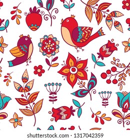 Seamless background with birds on the flowering branches. Floral pattern for wallpaper, fabric, digital paper, fills, gift wrap, etc. Vector illustration.