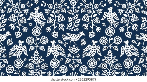 Seamless background with birds on the flowering branches. Ethnic pattern for wallpaper, fabric, digital paper, fills, gift wrap, etc. Ancient ukrainian embroidery motifs.
