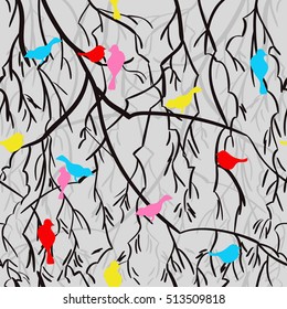 Seamless background with birds. Stylized birds and branches.