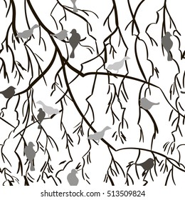 Seamless background with birds. Stylized birds and branches.