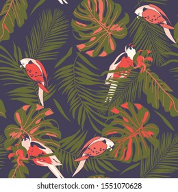 seamless background with birds and tropical leaves