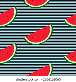 Seamless background with black and blue stripes and watermelon slices. Vector fruit design for pattern or template.