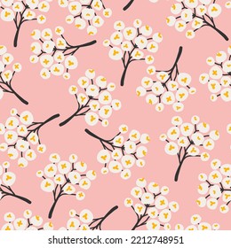 Seamless background with black branches with white berries on a pink background. Creative doodle floral texture.  Perfect for fabric textile wrapping paper or package design.