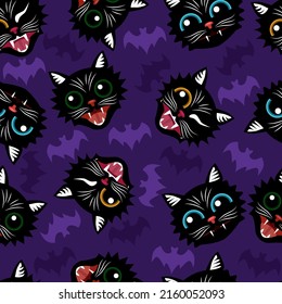 Seamless background of black cats and bats. Heads of black cats with colored eyes and silhouettes of bats on a purple background. Halloween. Vector illustration isolated on a white background.