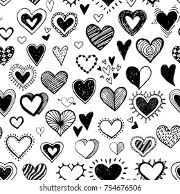 Seamless background with black doodle sketch hearts on white background