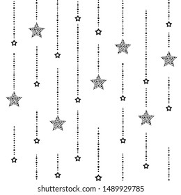 Seamless background with black dots and stars on white background. Black beads string with balls and stars. Vector illustration. Cute stars.