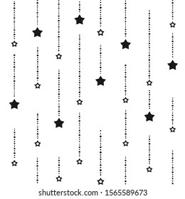Seamless background with black dots and stars on white background. Black beads string with balls and stars. Vector illustration. Cute stars.