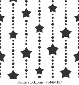 Seamless background with black dots and stars on white background. Black beads string with balls and stars. Vector illustration. Cute stars.