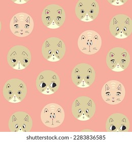 Seamless background, black eyes cats. Endless pattern, cartoon funny kitten. Surface design for branding
