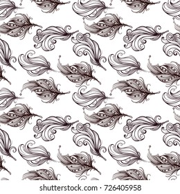 Seamless background. Black feathers on a white background. One color. Fine work. Stylized feathers of birds. Pattern. Vector. Graphic arts.