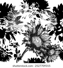 Seamless background black graphic flowers. hand drawing. Not AI, Vector illustration.