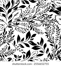 Seamless background black graphic leaves. hand drawing. Not AI, Vector illustration.