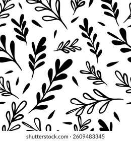 Seamless background black graphic leaves. hand drawing. Not AI, Vector illustration.