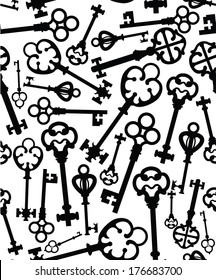 Seamless background. Black  key on white pattern. Vector composition with elements of silhouettes.