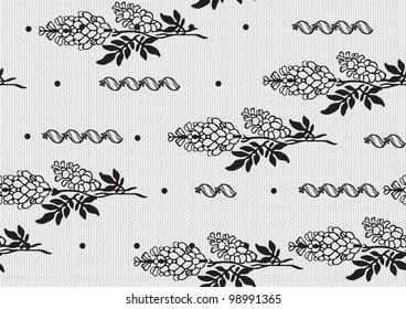 Seamless background of black lace on a white background with flowers