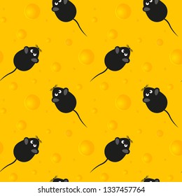 Seamless background, black mouse on a yellow background. Vector illustration