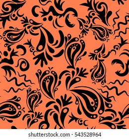 Seamless background. Black and orange ornament. Floral seamless pattern. Wallpaper baroque, damask.