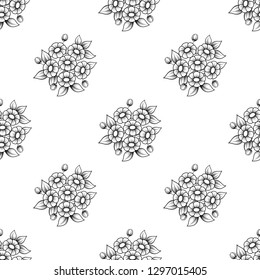 Seamless background with black outline flowers isolated on white