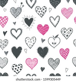 Seamless background with black and pink doodle sketch hearts. Can be used for wallpaper, pattern fills, textile, web page background, surface textures