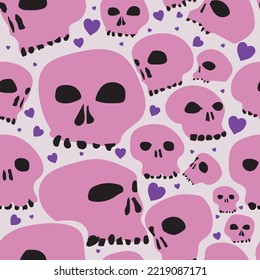 Seamless background with black and pink skulls and purple hearts. Background for textiles and postcards for Valentine's Day, for lovers. Vector graphics.