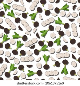 Seamless background of black radishes. Whole, half, and sliced black radish. Black radish with tops. Organic vegetables. Flat style. Pattern. Vector illustration isolated on white background