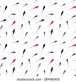 Seamless background with black and red fishes on waves. Can be used for wallpaper, pattern fills, textile, web page background, surface textures. Vector illustration. 