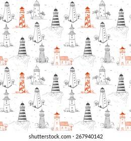 Seamless background with black and red lighthouses. Can be used for wallpaper, pattern fills, textile, web page background, surface textures. Vector illustration. 