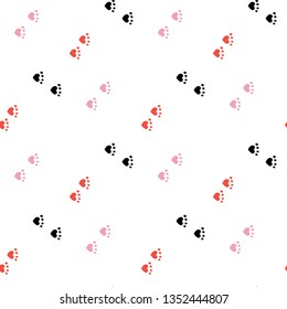 Seamless background with black, red and pink cat tracks. Endless pattern on white background for your design.