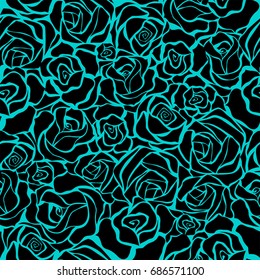 Seamless background with black roses on blue background