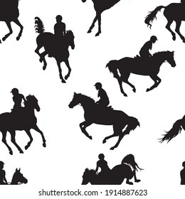 seamless background of black silhouettes of sports horses and riders, show jumping isolated on white background, endless equestrian pattern