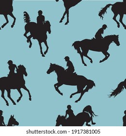 seamless background of black silhouettes of sports horses and riders, show jumping isolated on colored background, endless equestrian pattern