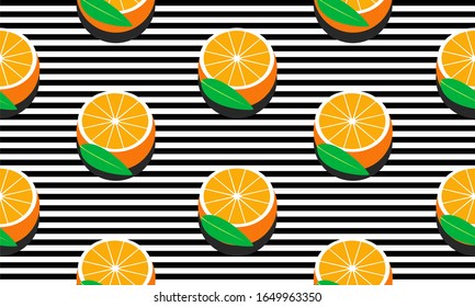 Seamless background with black stripes and half oranges with dark shadow. Vector illustration design for greeting card or template.