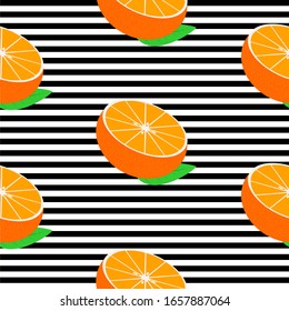 Seamless background with black stripes and halves mandarins with leaves. Vector fruit design for pattern or template.