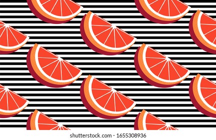 Seamless background with black stripes and slices red grapefruit with shadow. Vector fruit design for pattern or template.