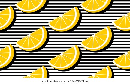 Fondo sin inconvenientes con rayas negras y rodajas de pomelo con sombra oscura. Diseño de frutas vectoriales para patrones o plantillas. 