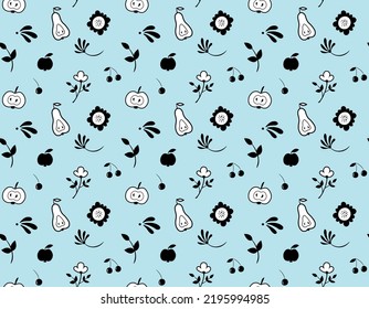 Seamless background with black and white apples, pears, cherries, flowers, twigs and leaves on light blue. Vector template for wallpaper, wrapping paper, fabric, textile. Autumn design with fruits