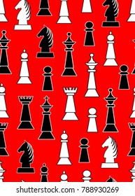 Seamless background with black and white chess pieces on light red background. Uneven distributed horse, king, queen, bishop and knight, Vector EPS 10