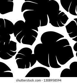 Seamless background with black and white decorative Tropical palm leaves. Monstera. Vector illustration. Can be used for wallpaper, textile, invitation card, wrapping, web page background.