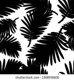 Seamless background with black and white decorative Tropical palm leaves. Vector illustration. Can be used for wallpaper, textile, invitation card, wrapping, web page background.