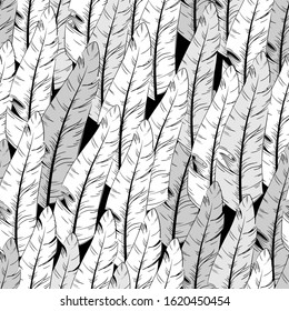 Seamless background with black and white feathers, hand-drawn graphics.