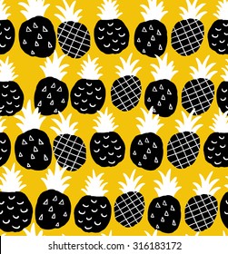 Seamless background with black and white pineapples on the yellow background. Vector repeated pattern.