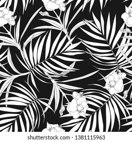 Seamless background of black and white silhouettes of tropical palm leaves and oleander flowers. Spring-summer. Stylish exquisite pattern for greeting cards, big discounts, sale, dresses, packaging